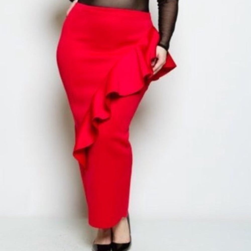 Red Side Ruffled Long Skirt
